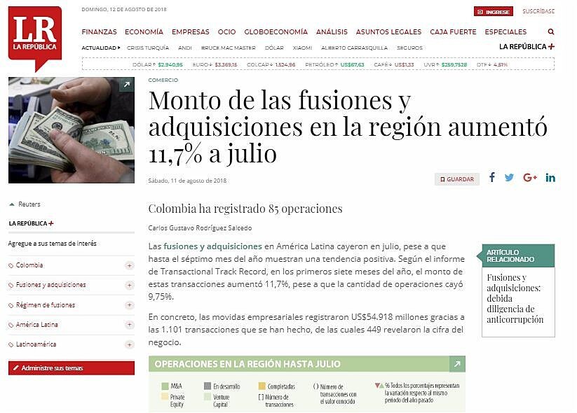 Monto de las fusiones y adquisiciones en la regin aument 11,7% a julio